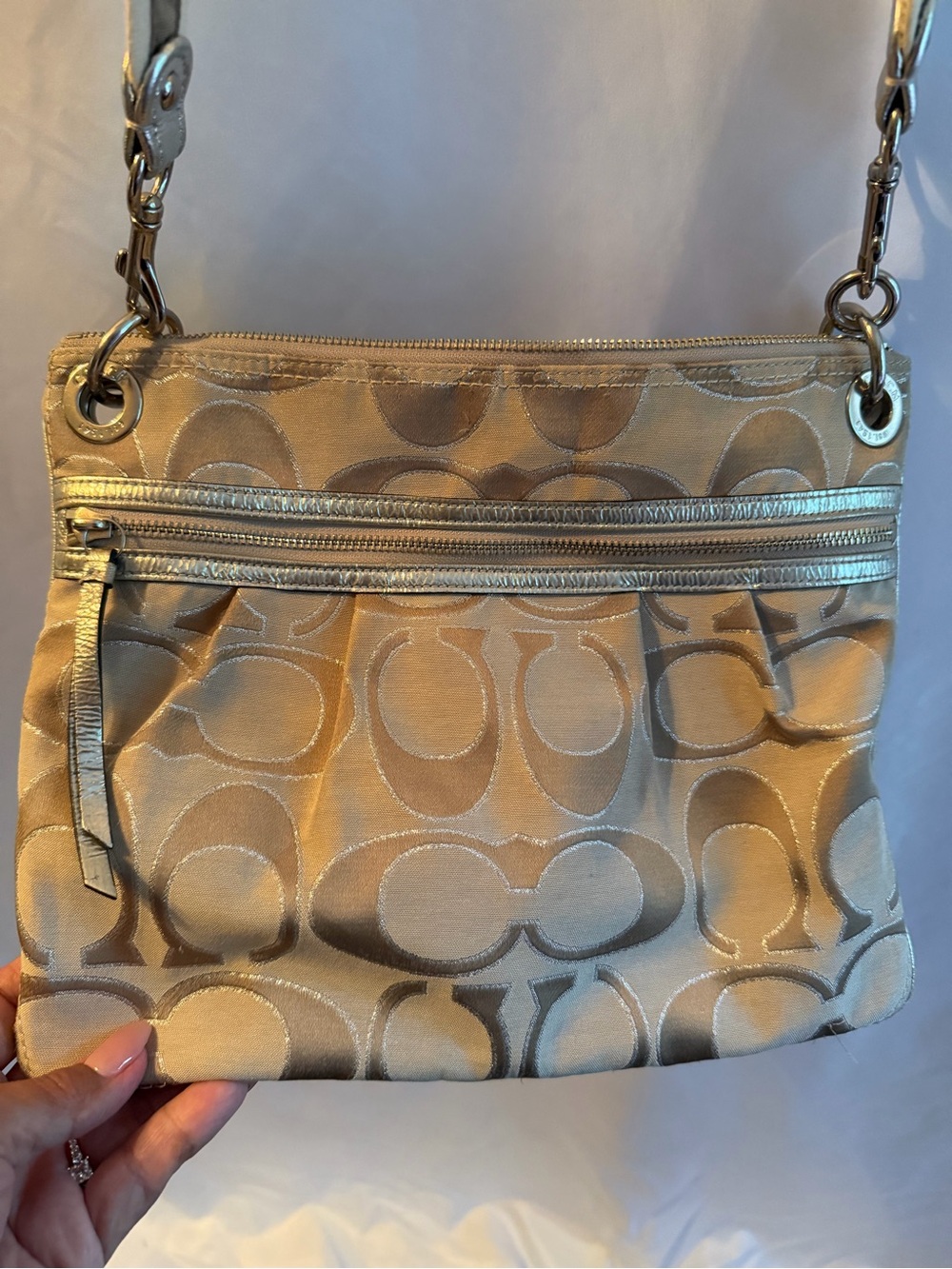 Coach Beige Signature Jacquard Large Shoulder Bag with Metallic Trim